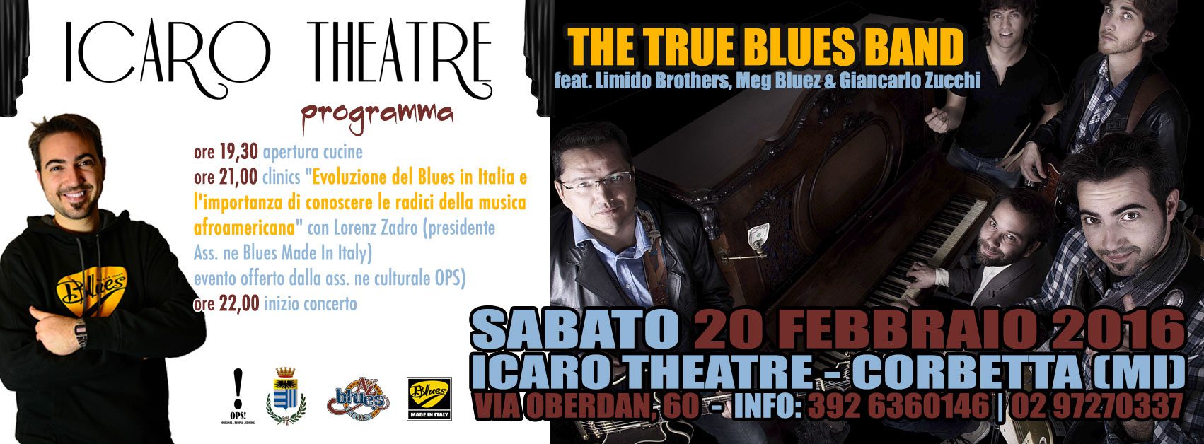 The True Blues Band & Friends live at Icaro Theatre Corbetta, grafica Antonio Boschi A-Z Blues